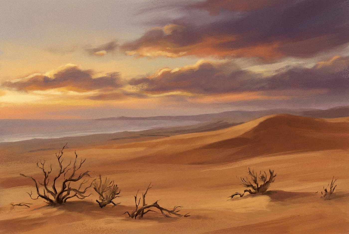 Illustration of a desert plain under a dramatic dawn sky