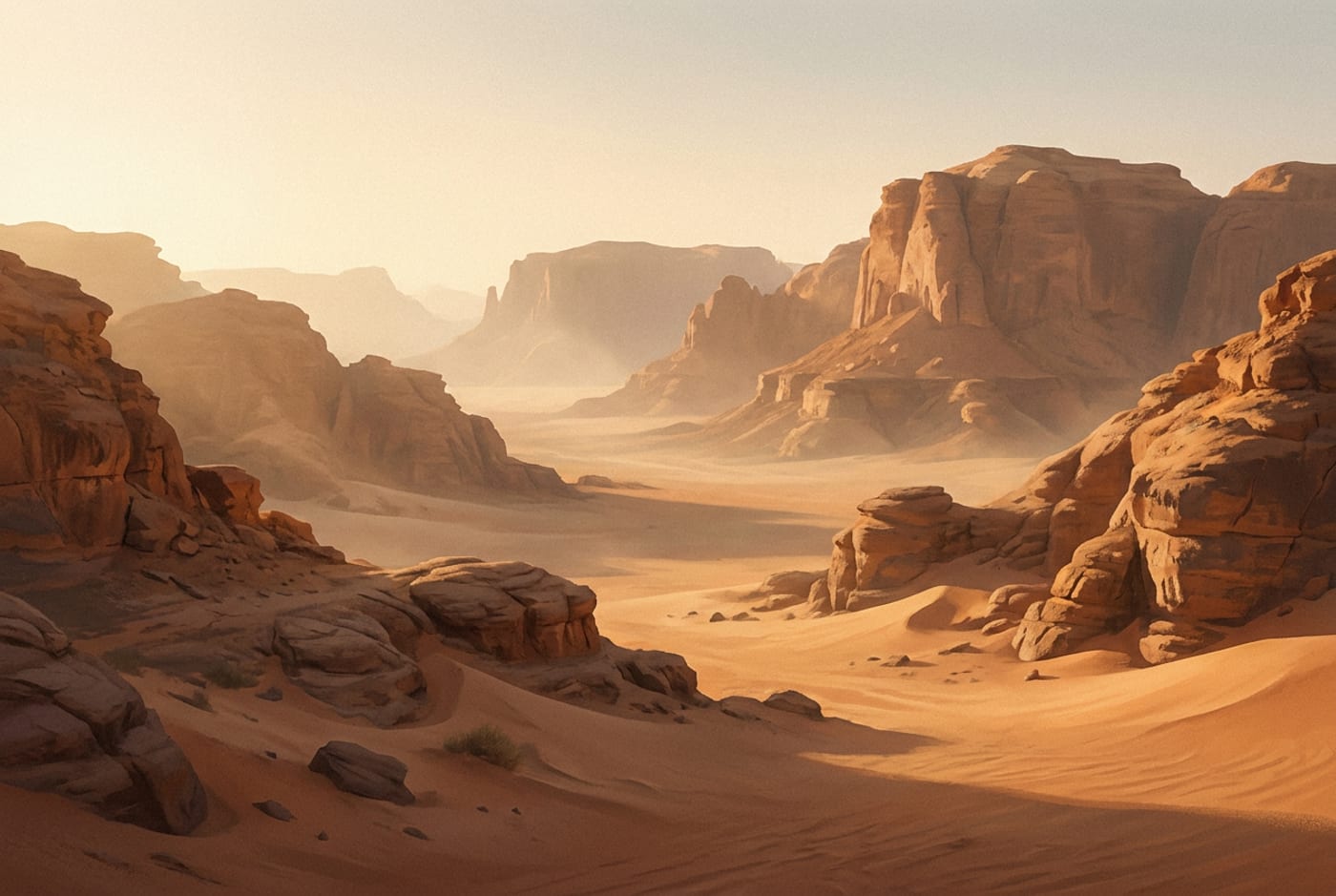 Illustration of a desert valley among the hills of Mecca at dusk