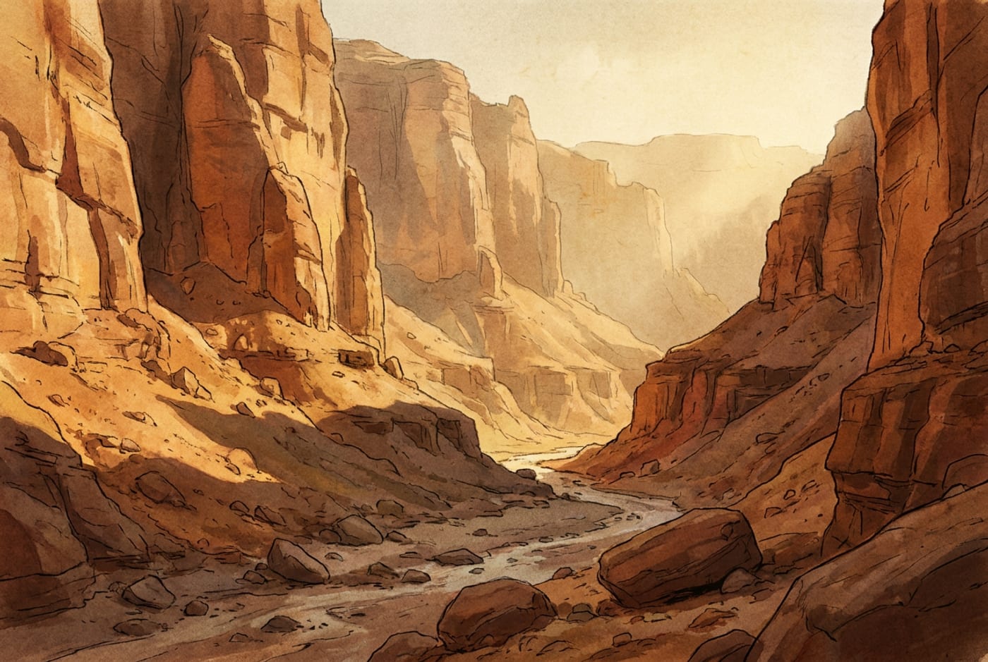Illustration of a narrow barren mountain ravine