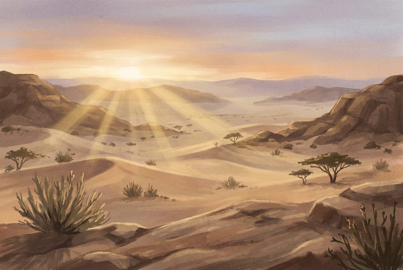 Illustration of a desert valley at radiant dawn