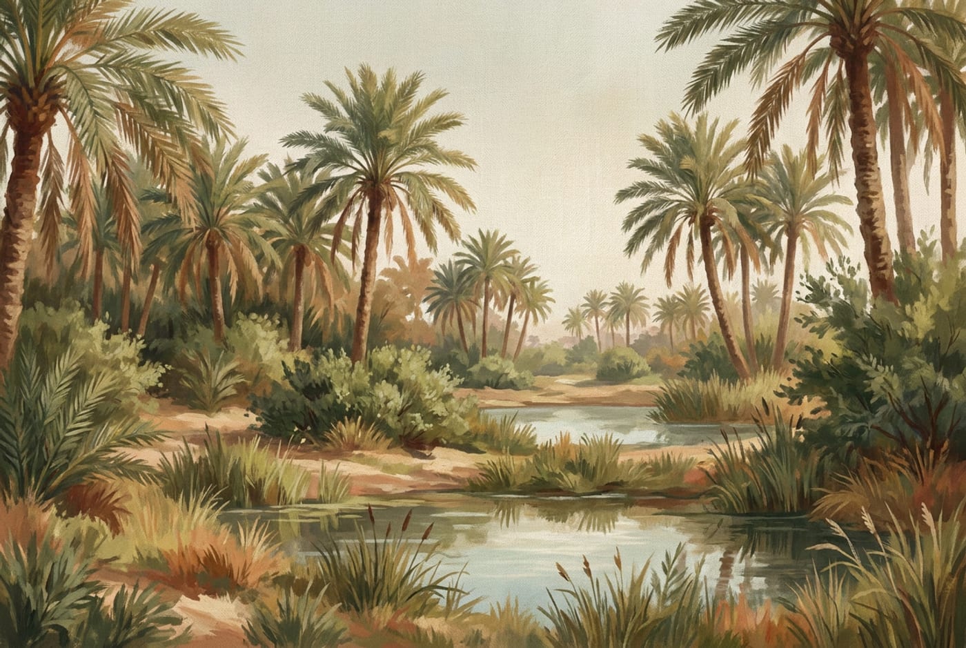 Illustration of a green oasis with date palms
