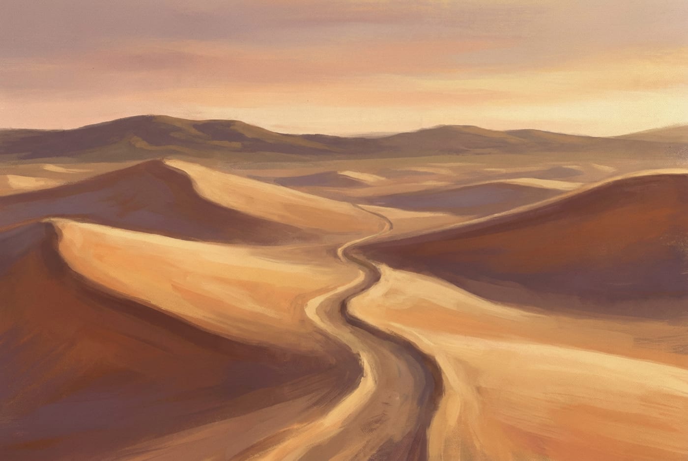 Illustration of a winding path through desert dunes at dawn