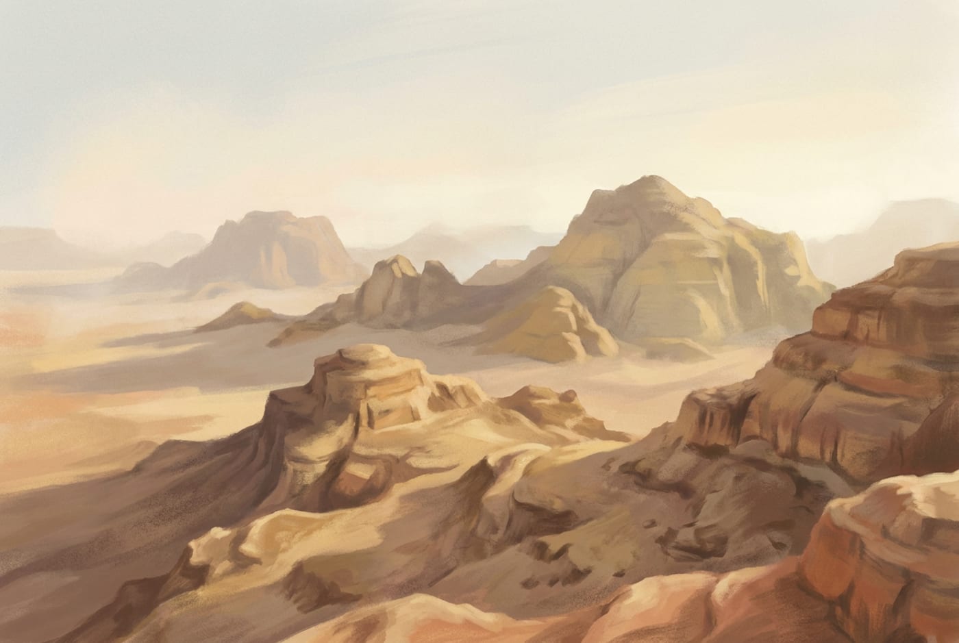 Illustration of the rugged Hejazi mountains near Mecca at dawn