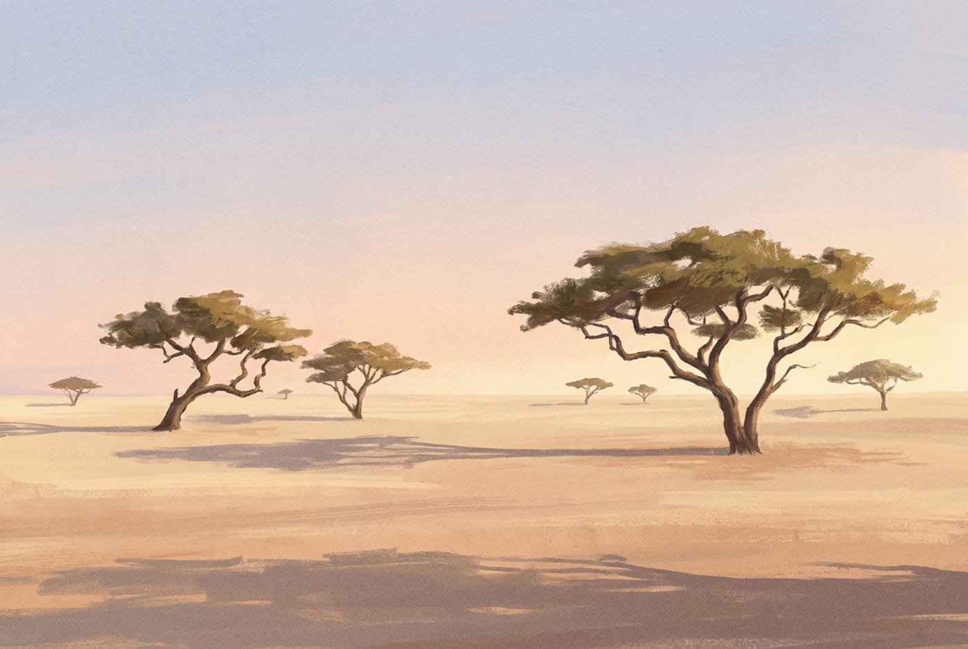 Illustration of a calm desert plain with acacia trees