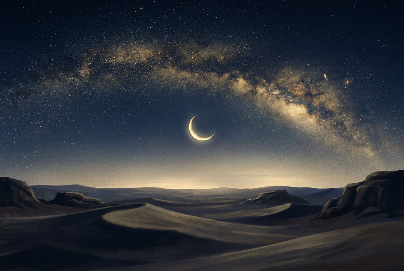 Illustration of a starry night sky with a crescent moon over the desert