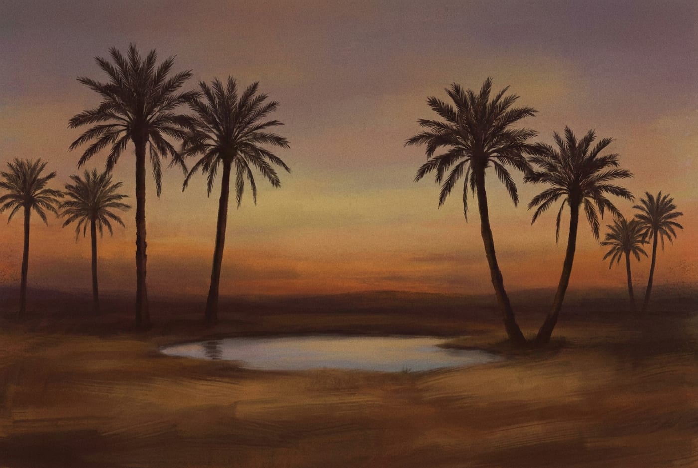 Illustration of date palms in silhouette at dusk