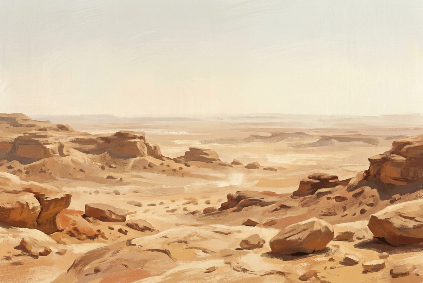 Illustration of a stark sunlit desert plain at midday
