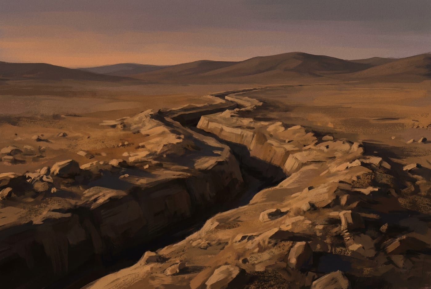 Illustration of a long trench across barren ground at dusk