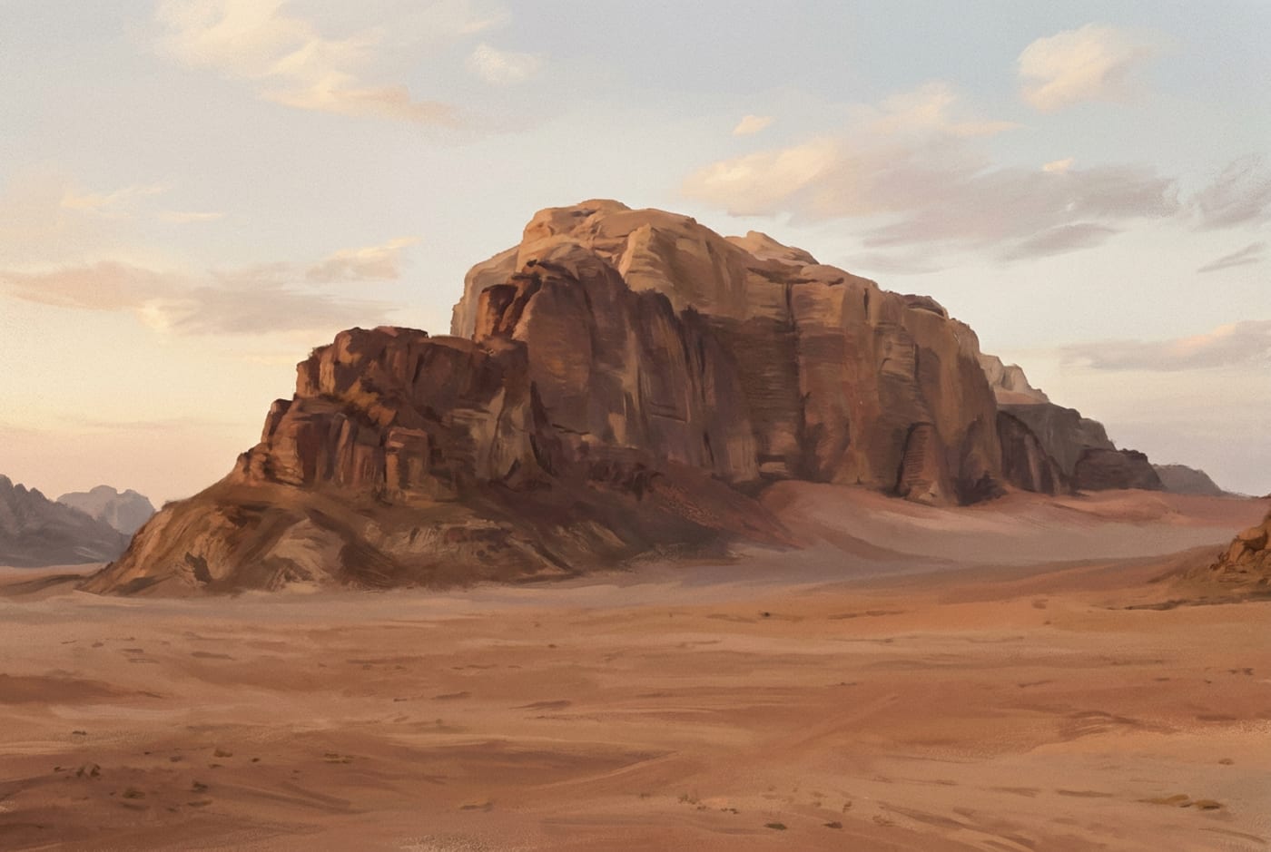 Illustration of a red rocky mountain over a desert plain